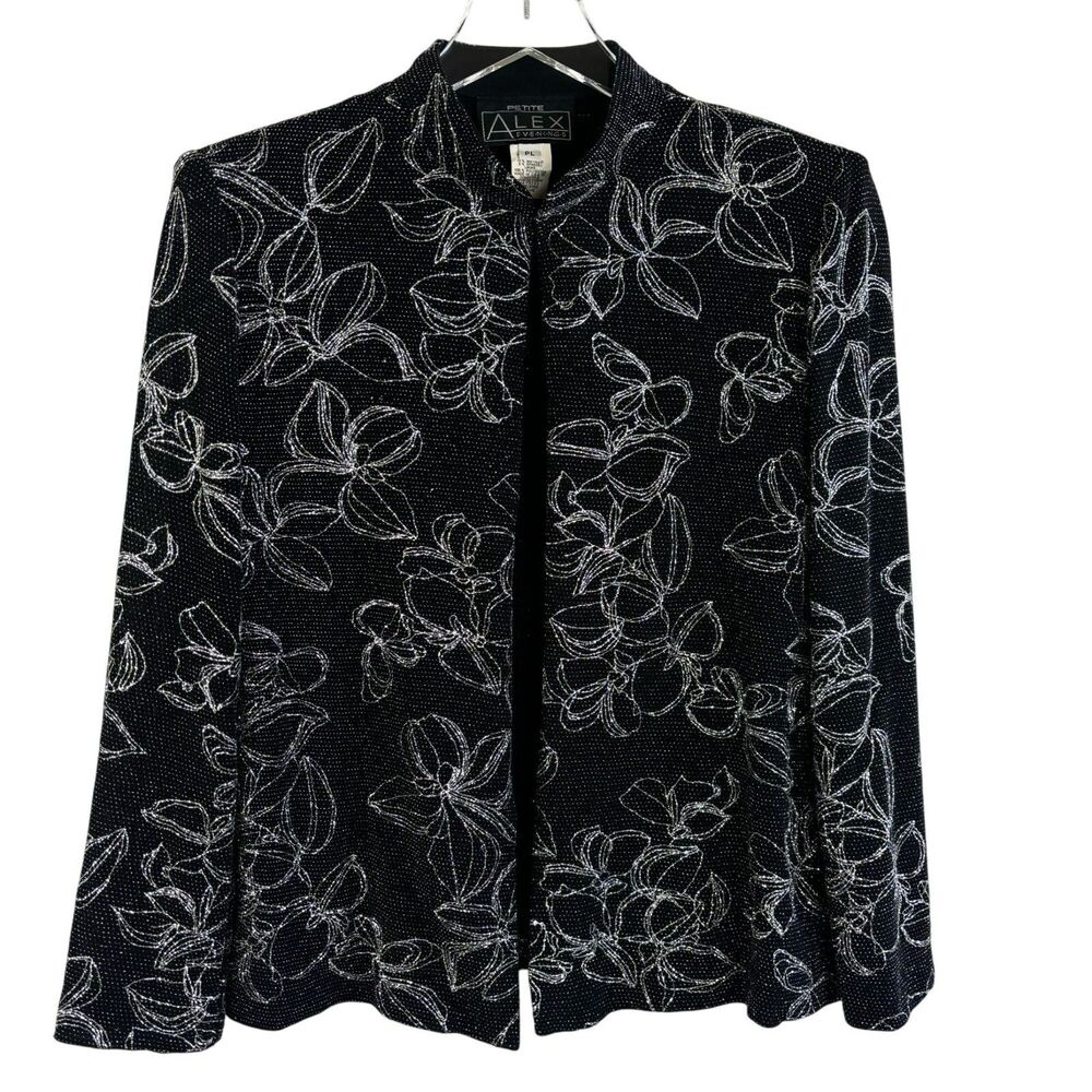 Vintage Alex Womens Jacket Petite L Metalic Silver Black Floral Party 90s USA